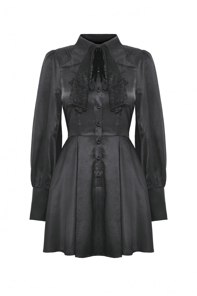 Black Turn-down Collar Long Lantern Sleeves Women's Gothic Dress with Necktie - Product - 3