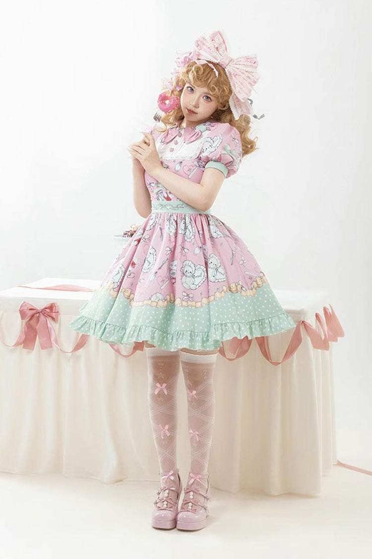 Pink/Green Tea Time Donut, Cake and Bear Print Ruffle Sweet Elegant Lolita Dress - Product - 6
