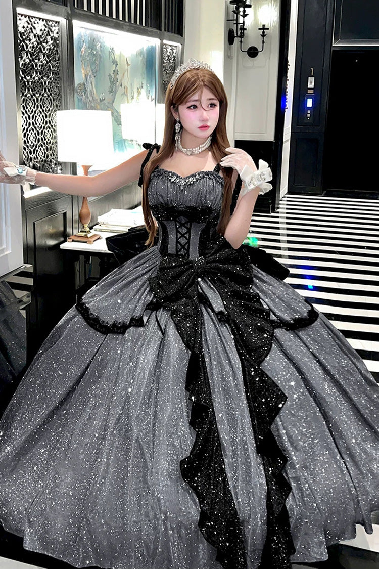 Grey [Galaxy of Fallen Tears] Sleeveless Glitter Series Ruffled Bow Asymmetric Sweet Lolita Jsk Dress - image 5
