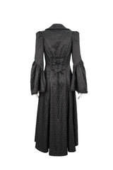 Black Jacquard Short Front Long Back Lapel Bead And Chain Trim Large Cuffs With Lace Trim Back Strap Thin Long Women's Gothic Coat - Product - 8