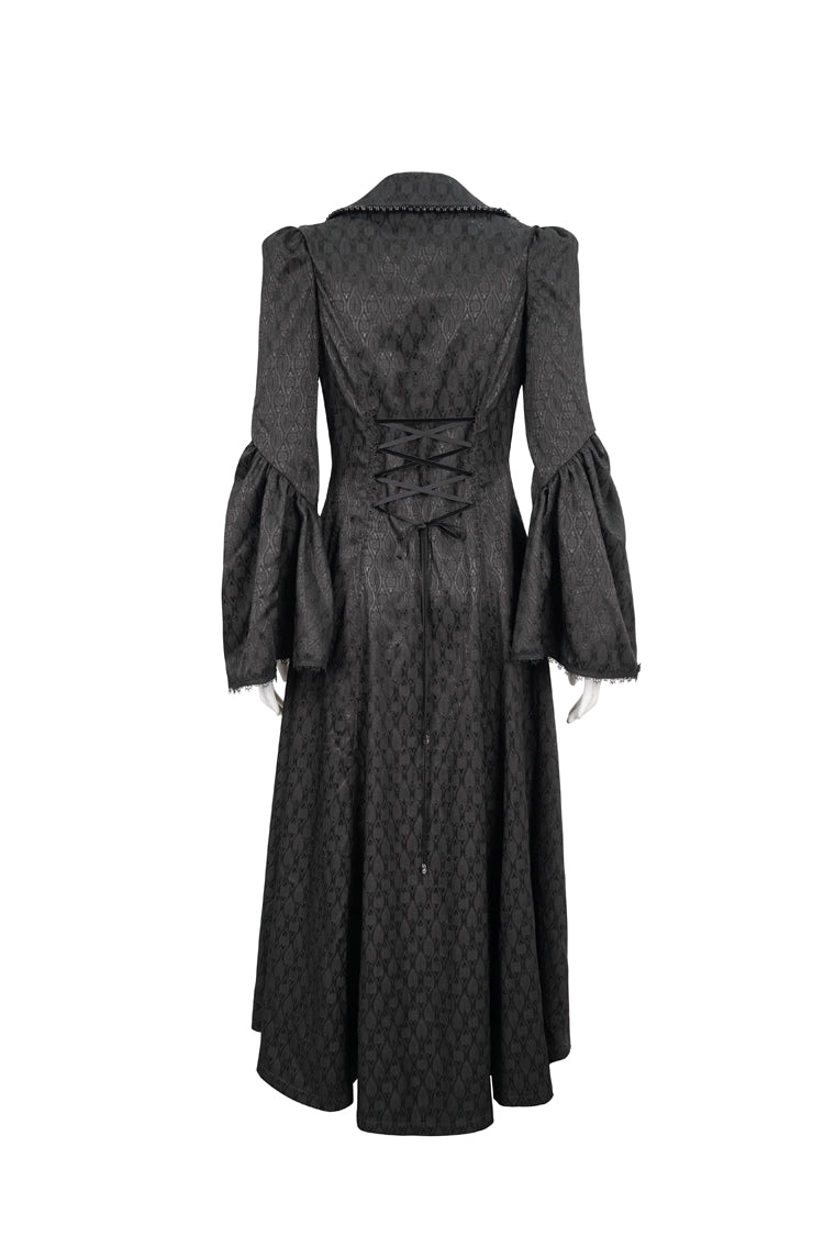 Black Jacquard Short Front Long Back Lapel Bead And Chain Trim Large Cuffs With Lace Trim Back Strap Thin Long Women's Gothic Coat - Product - 8