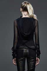 Black Long Sleeves Hooded Sheer Mesh Straps Women's Punk Coat - Product - 3