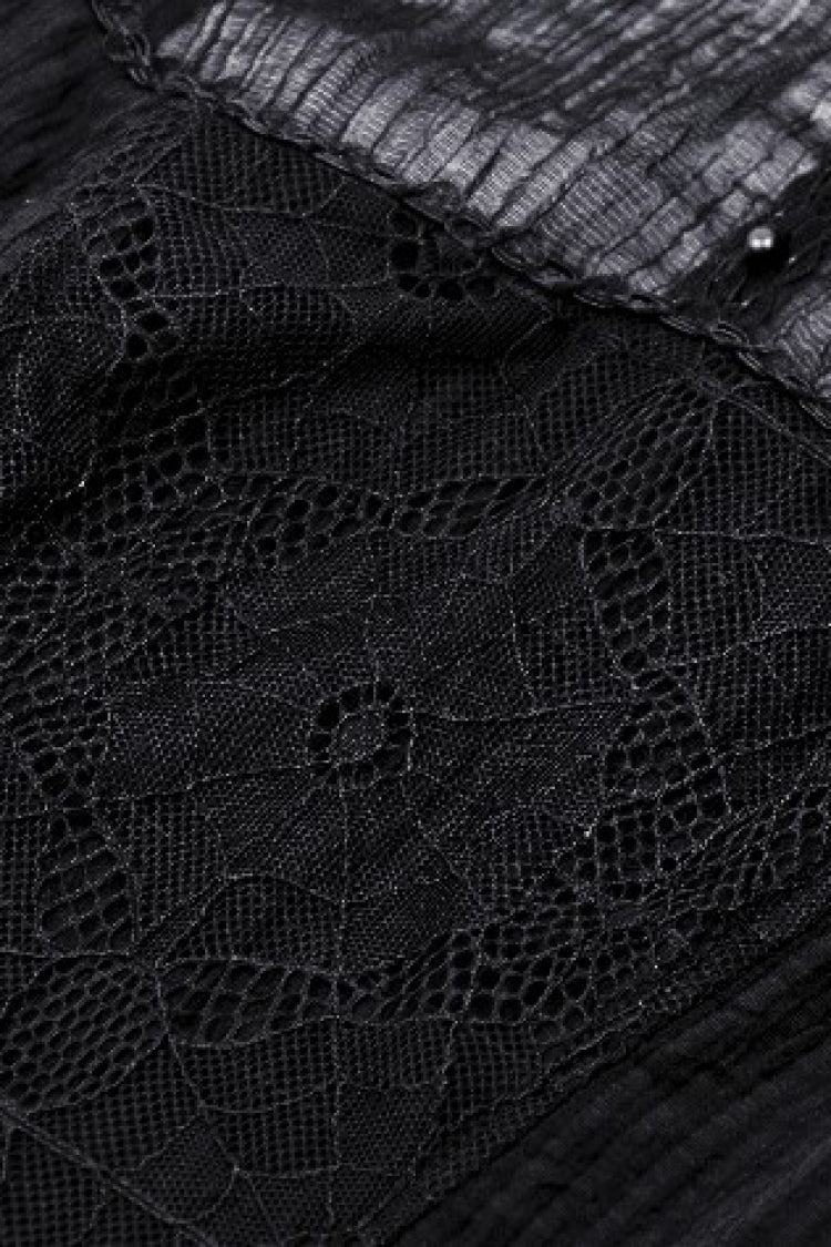 Black Women's Gothic Ruffled Stand Collar Long Puff Sleeves Spiderweb Splice Witch Maxi Dress - Product - 13