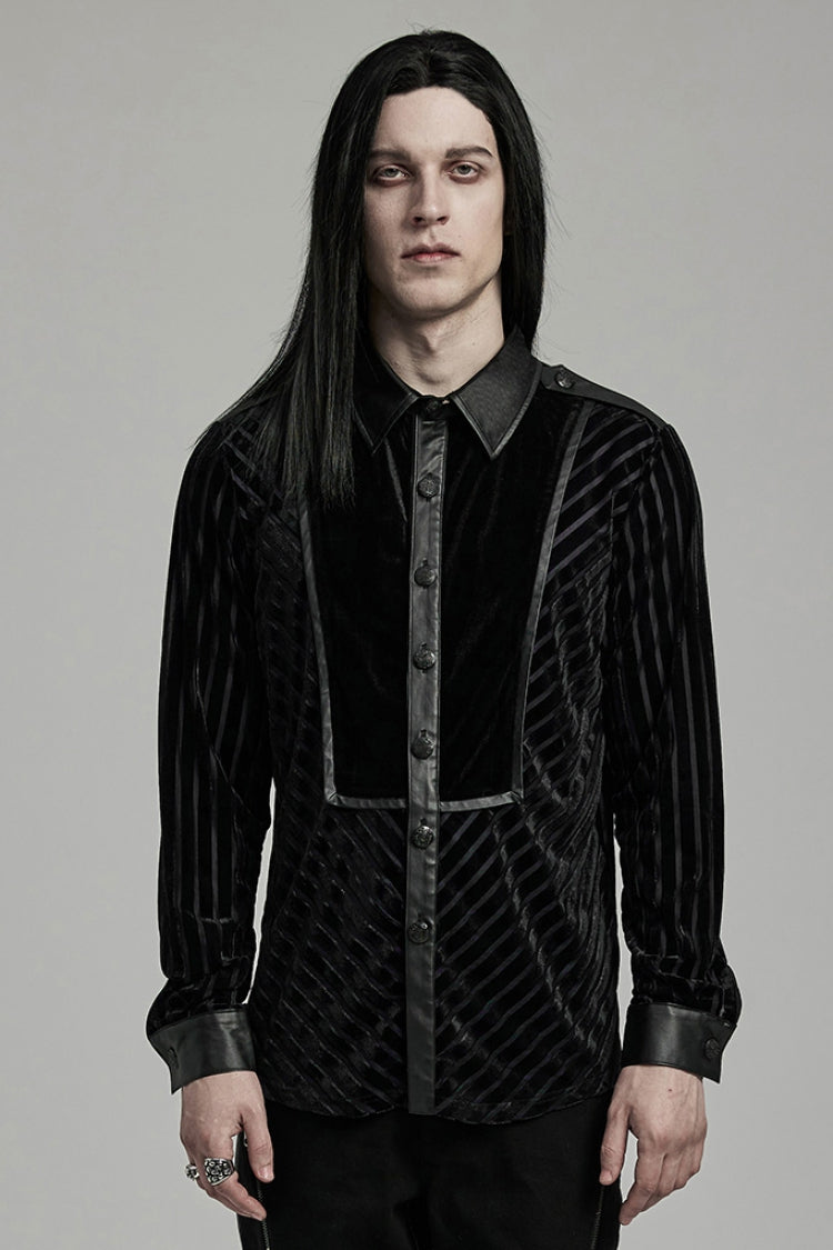 Black Lapel Collar Stitching Slim Men's Gothic Blouse - Black - 1