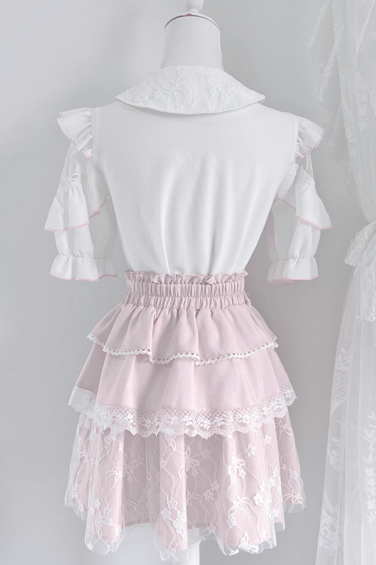 White/Pink Short Sleeves Triple-Layered Ruffle Bowknot Lace Jirai Kei Japanese Skirt Set - Product - 4