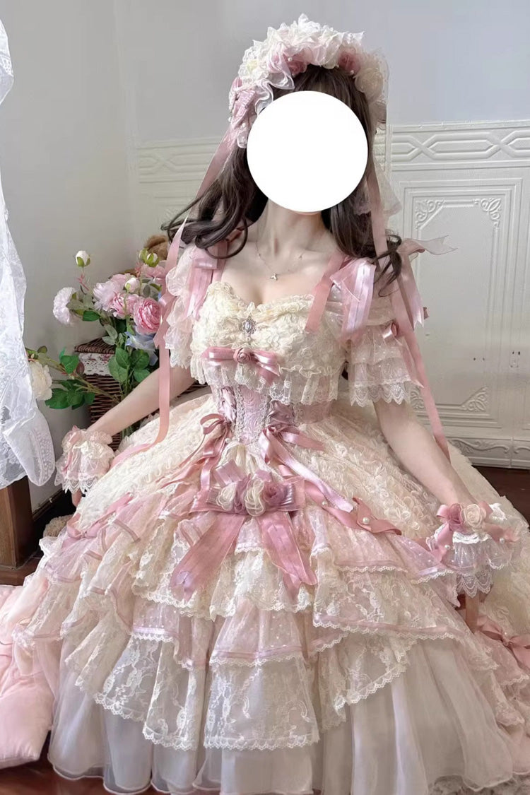 Pink [Diane Rose] Short Sleeves Multi-Layered Jacquard Ruffle Hanayome Cardigan Bowknot Lace Sweet Lolita Dress - Product - 7