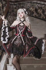 Black [Phantom Devourer] Off Shoulder Long Hime Sleeves Print Embroidery Gothic Lolita Dress - Product - 3