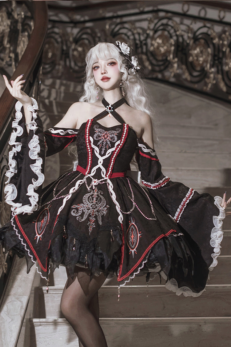 Black [Phantom Devourer] Off Shoulder Long Hime Sleeves Print Embroidery Gothic Lolita Dress - Product - 3