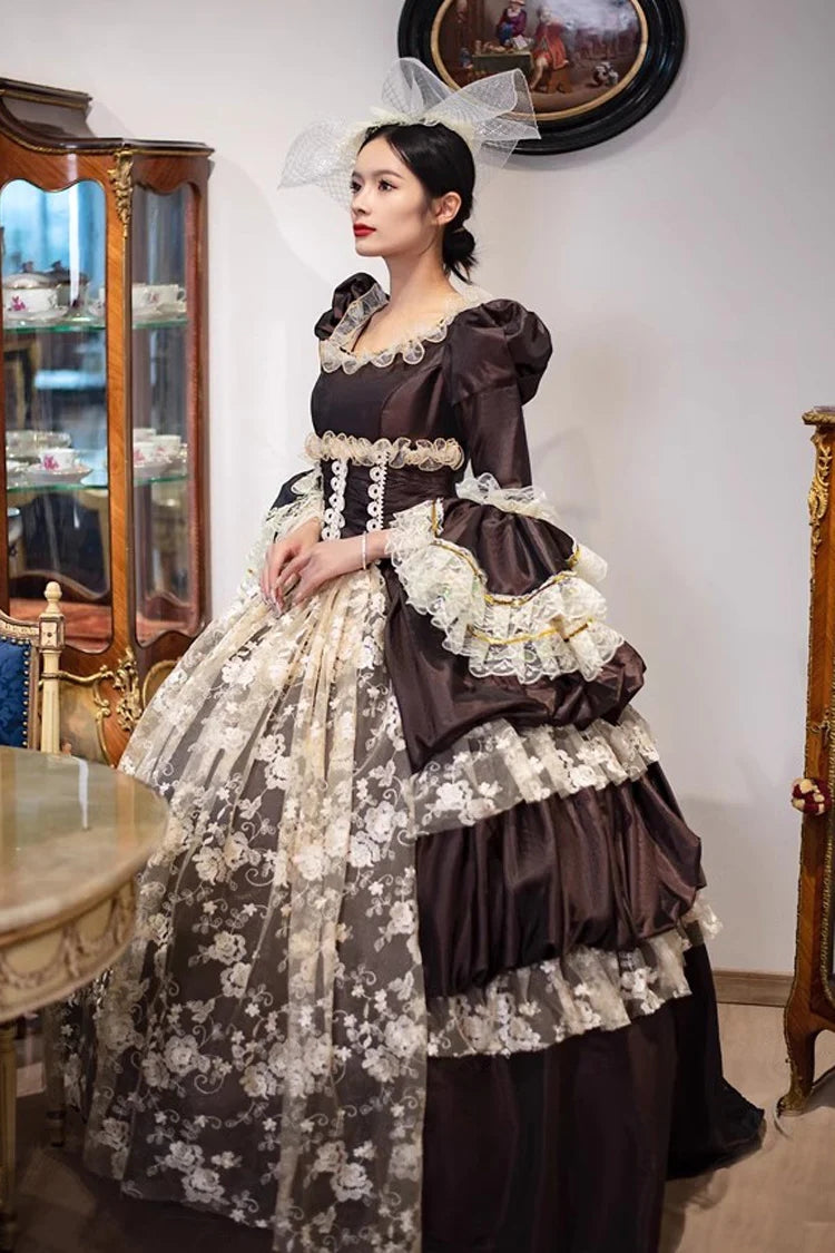 Brown Dark Pattern Print Medieval Court Gothic Victorian Lolita Long Dress - Product - 5