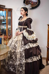 Brown Dark Pattern Print Medieval Court Gothic Victorian Lolita Long Dress - Product - 5