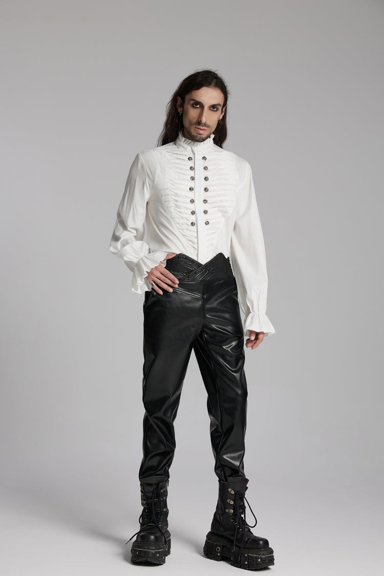 White Stand Collar Beast Buckle Long Sleeves Ruffle Men's Gothic Blouse - Product - 4