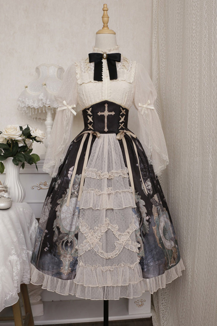Multi-Color Cardigan Lace Ruffle Clock Butterfly Print Classic Lolita Skirt Set - Product - 6