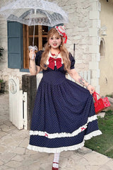 Blue V Collar Short Sleeves Polka Dot Printed Ruffled Bow Lace Classic Plus Size Preppy Style Lolita Dress - Product - 6