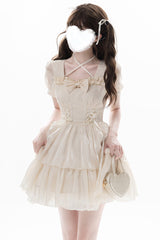 Apricot [Prussian Legend] Short Sleeves Multi-Layered Jacquard Ruffle Bowknot Sweet Lolita Dress - Apricot - 1