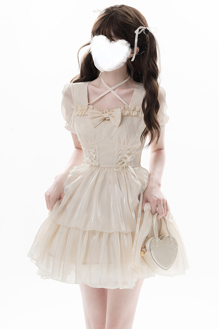 Apricot [Prussian Legend] Short Sleeves Multi-Layered Jacquard Ruffle Bowknot Sweet Lolita Dress - Apricot - 1