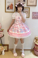 Milky Berry Bear Print Pink Bowknot Stitching Lace Sweet Lolita Strap Dress - Product - 8