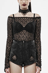 Black Long Sleeves One-Word Collar Transparent Lace Women's Gothic T-Shirt - Black - 1