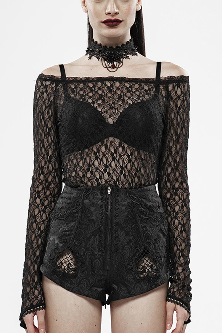 Black Long Sleeves One-Word Collar Transparent Lace Women's Gothic T-Shirt - Black - 1