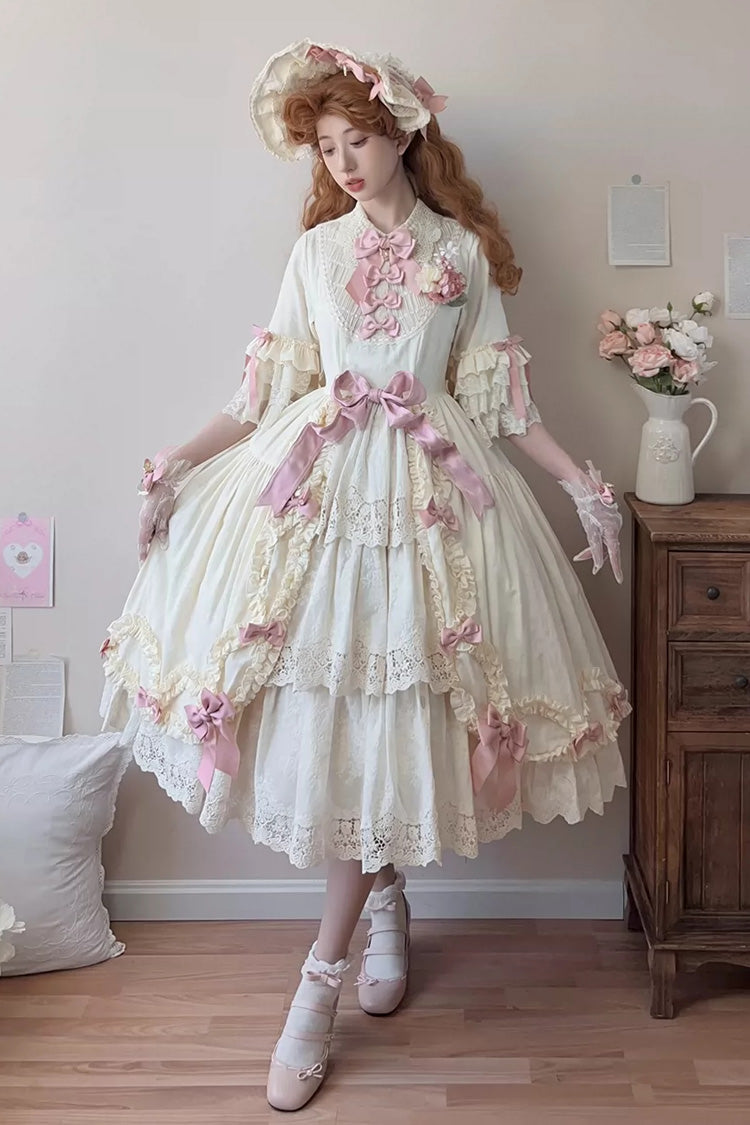 Ivory [Lilica Garden] Lapel Collar Short Trumpet Sleeves Ruffled Open-Front Bow Lace Sweet Elegant Luxurious Lolita Dress - Product - 6
