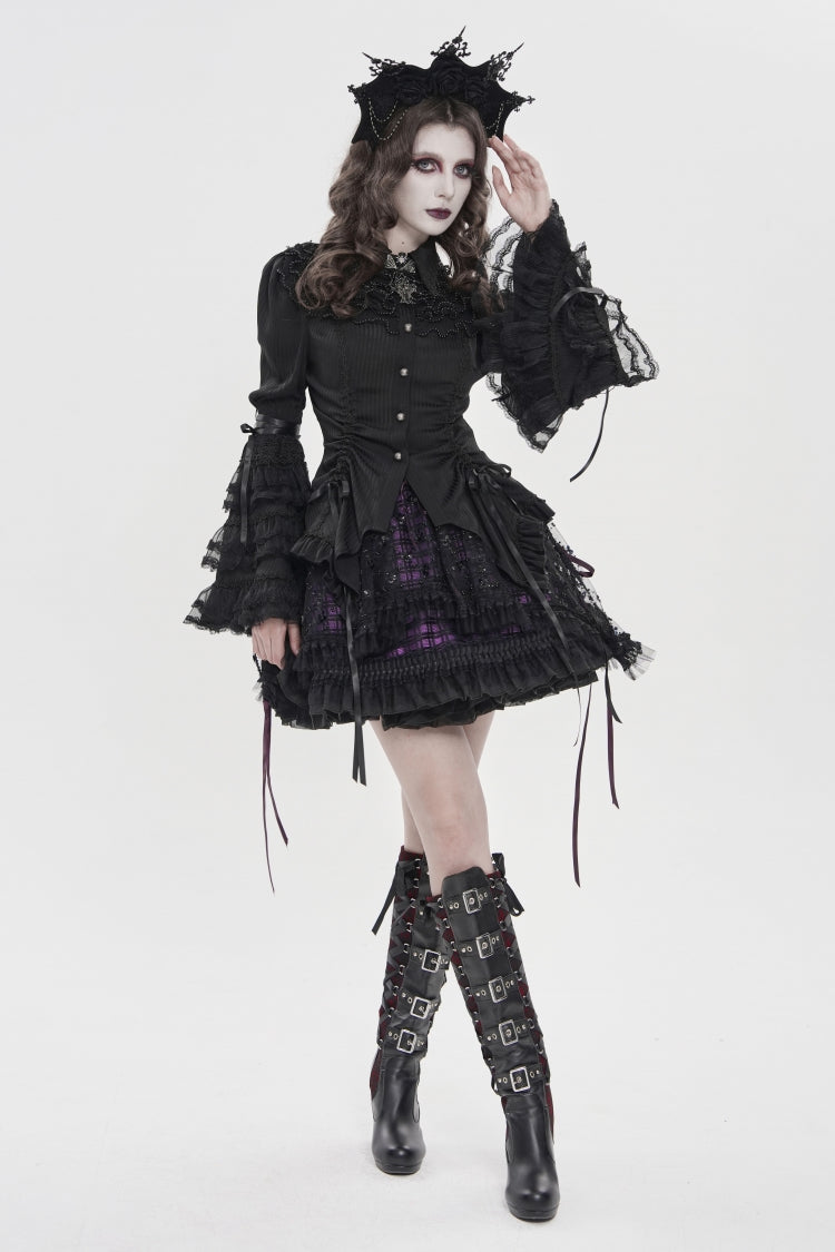 Black Lapel Collar Long Trumpet Sleeves Lace Lace-Up Women's Gothic Blouse - Product - 5