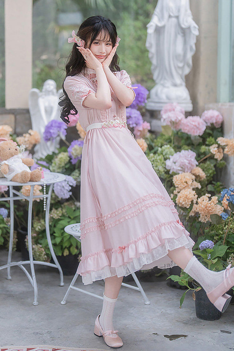 Pink Round Collar Short Sleeves High Waisted Ruffled Strawberry Midsummer Women's Sweet Lolita Dress - Product - 5
