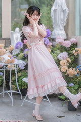 Pink Round Collar Short Sleeves High Waisted Ruffled Strawberry Midsummer Women's Sweet Lolita Dress - Product - 5