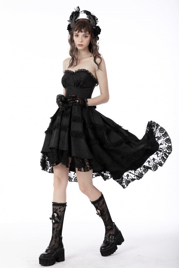 Black Sleeveless Lace-Up Women's Gothic Lace Multi-Layered High/Low Slip Wedding Graduation Dress - Product - 8