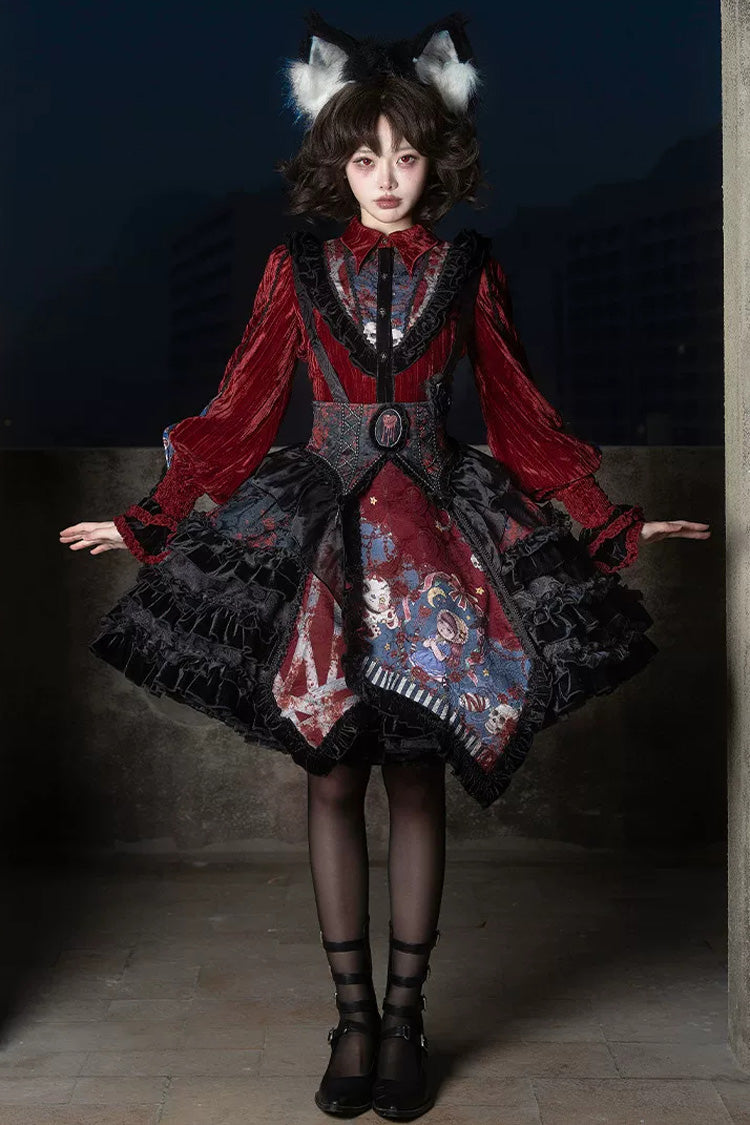 [Werewolf] Fairy Tale Lapel Collar Long Sleeves Printed Ruffled Open-Front Lace Heavy-Detailed Gothic Lolita Skirt Set (Red, Grey, Purple) - Product - 18