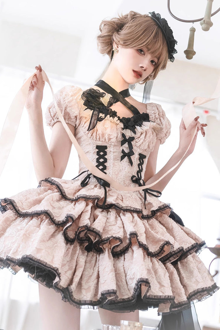 Ivory Medea Kiss Short Sleeves Gothic Lolita Op Tiered Dress - Ivory - 1