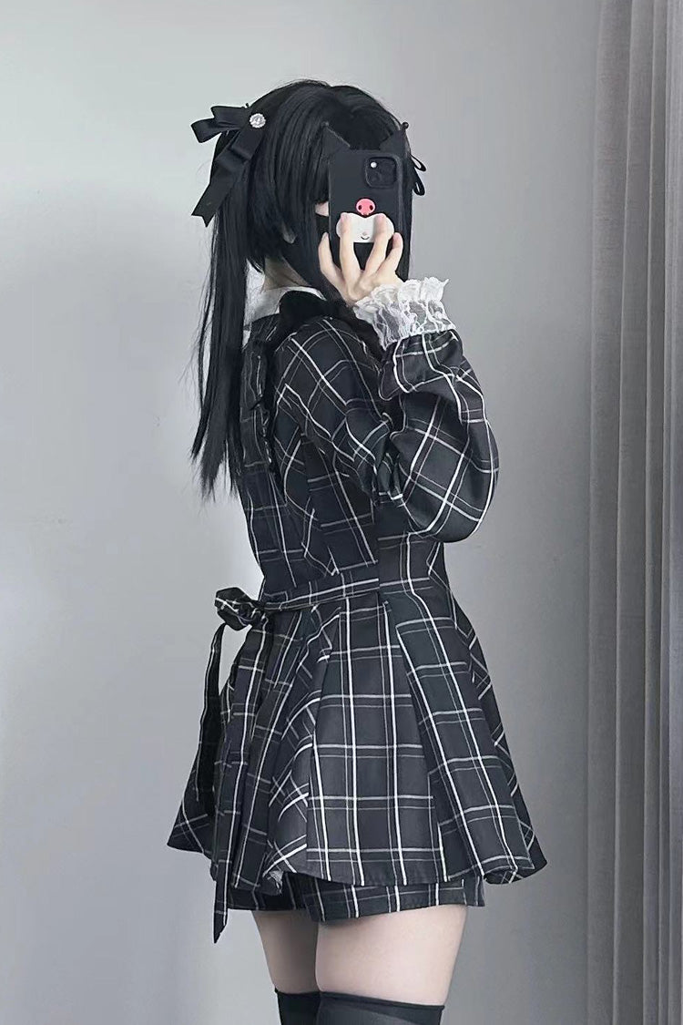 Black/White [Heart-beating Limited] Long Sleeves Plaid Print Print Bowknot Lace Gothic Jirai Kei Dress Set - Product - 6