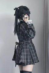 Black/White [Heart-beating Limited] Long Sleeves Plaid Print Print Bowknot Lace Gothic Jirai Kei Dress Set - Product - 6