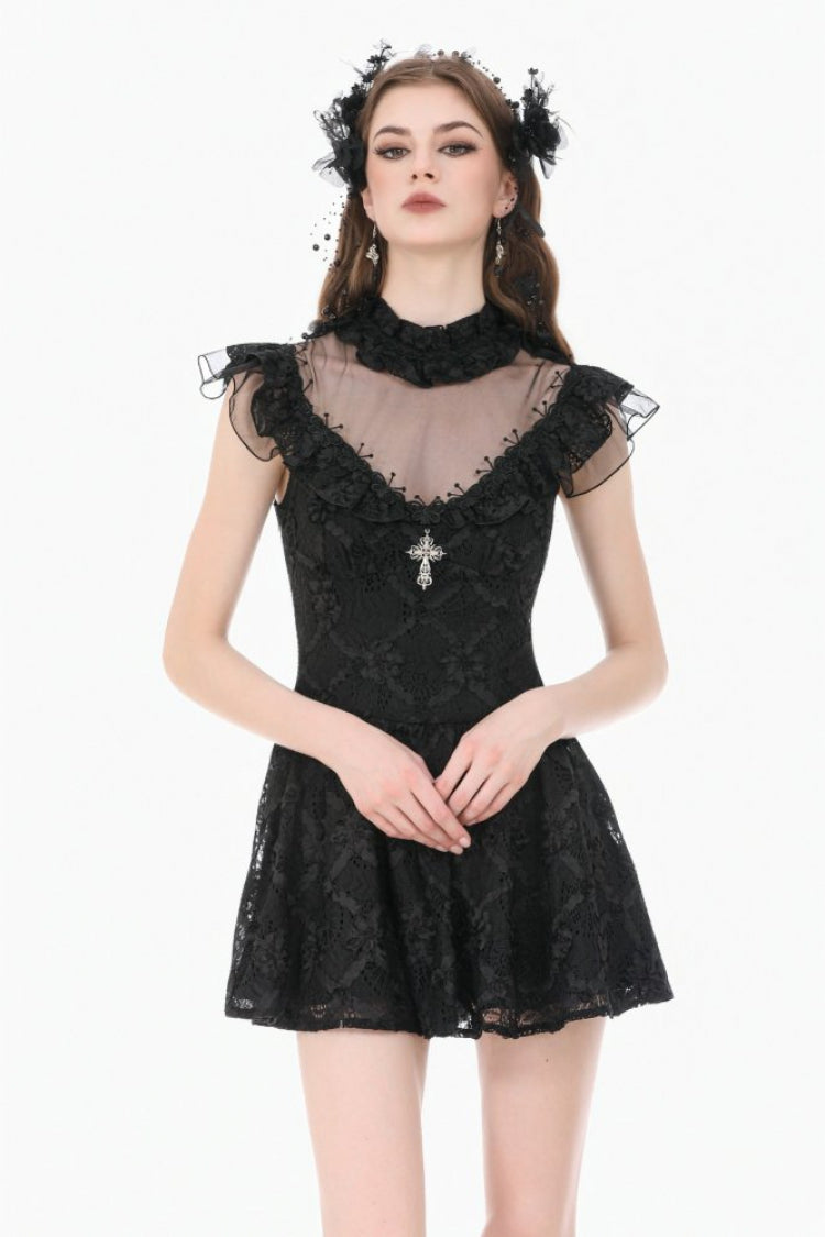 Black Ruffled Mock Neck Floral Cross Lace Splice Sheer Mesh Sleeveless Lace-Up Women's Gothic Dress - Product - 5