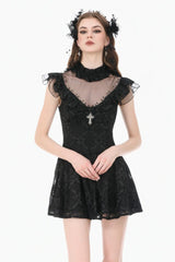 Black Ruffled Mock Neck Floral Cross Lace Splice Sheer Mesh Sleeveless Lace-Up Women's Gothic Dress - Product - 5