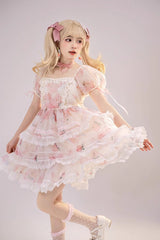 Pink Chiffon Organza Short Sleeves Multi-layer Peach Print Sweet Lolita Jsk Dress - Product - 4