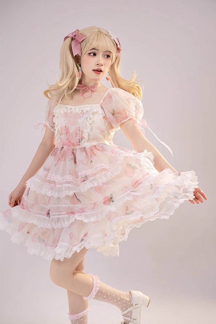Pink Chiffon Organza Short Sleeves Multi-layer Peach Print Sweet Lolita Jsk Dress - Product - 4