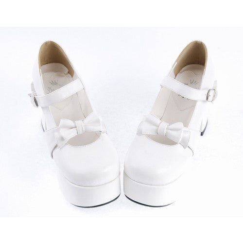White Patent Leather Round Toe Strap Bowknot Platform Lolita Shoes - Product - 4