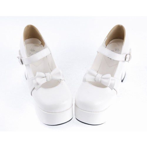 White Patent Leather Round Toe Strap Bowknot Platform Lolita Shoes - Product - 4
