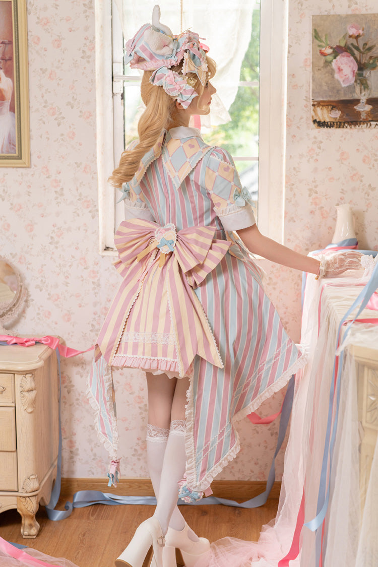 Blue/Pink Short Sleeves Weird Theater Print Ruffle Bowknot Sweet (Dress Only) detail view 4