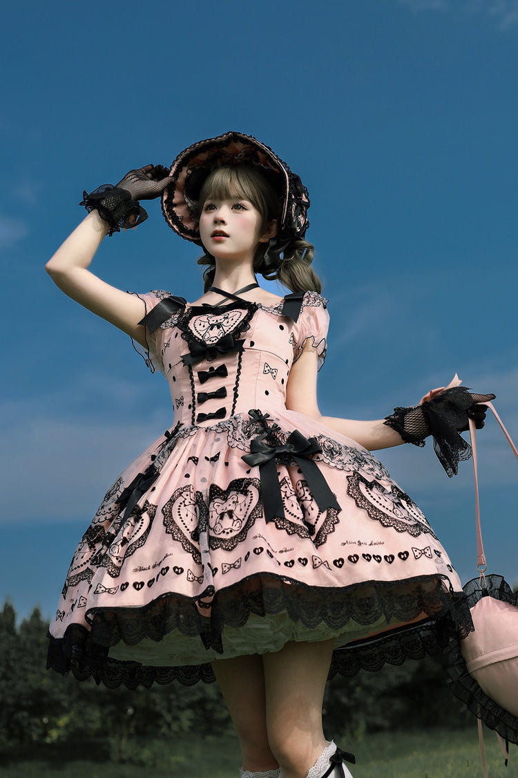 Pink [Sugar Bear] Square Collar Short Sleeves Embroidered Bow Sweet Lolita Dress (Bow Train Included) - Product - 3