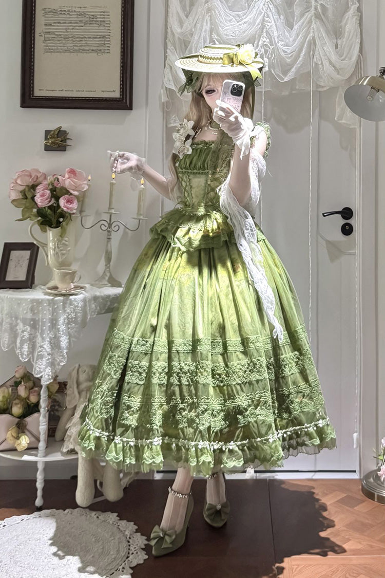 Green [Mist-shrouded Vineyard] Sleeveless Ruffle Bowknot Lace-Up Sweet Lolita Jsk Skirt Dress Set - Product - 3