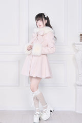 Pink Plush Collar Long Sleeves Bowknot Japanese Sweet Lolita Coat - Product - 8
