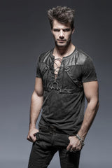 Black Lace-Up Zipper Men's Punk Blouse with Straps - Product - 3