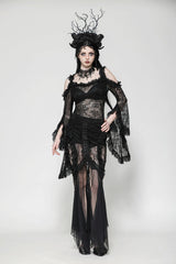 Black Lace-Up Mesh Spliced Lace Women's Gothic Fishtailed Skirt - Product - 6