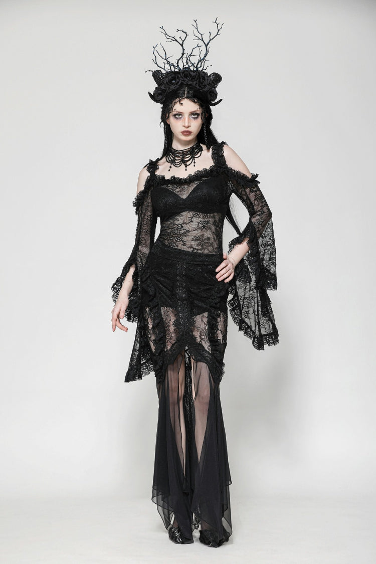 Black Lace-Up Mesh Spliced Lace Women's Gothic Fishtailed Skirt - Product - 6