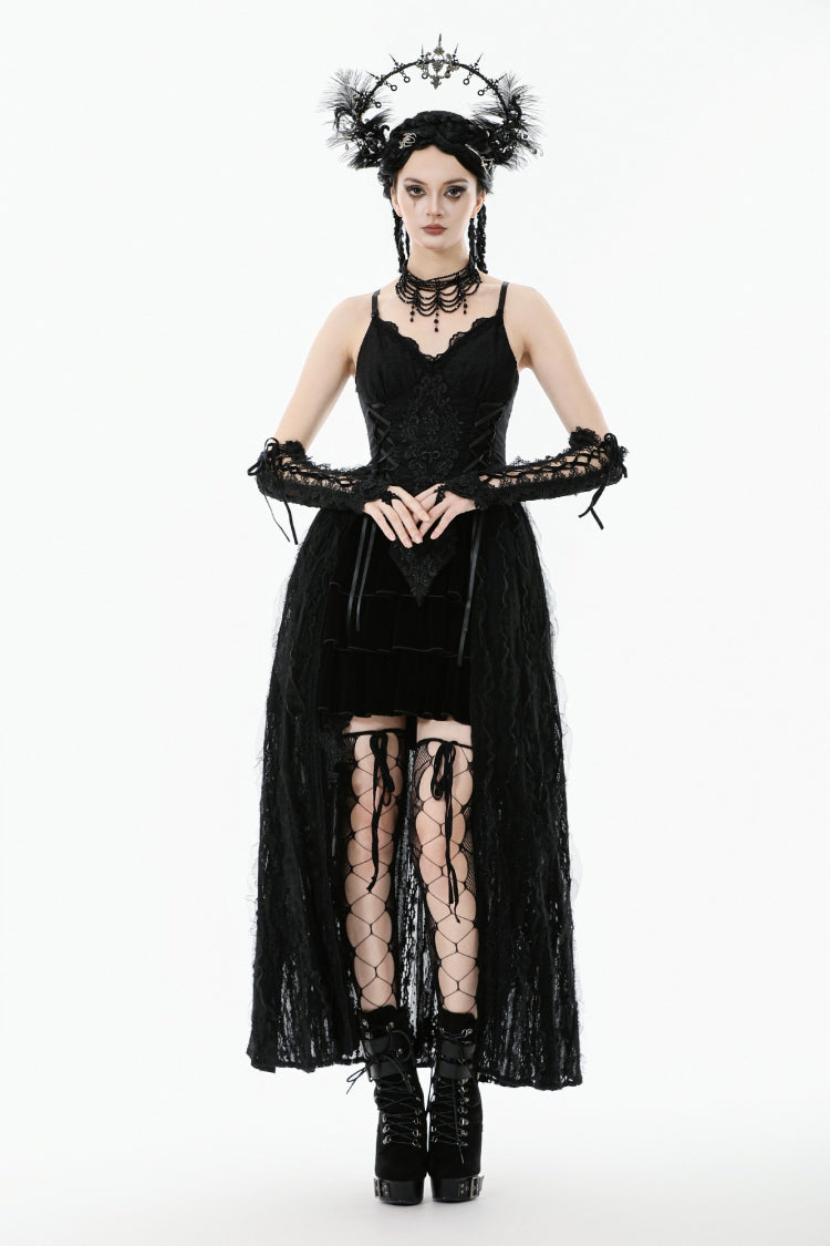 Black Sleeveless Floral Embroidered Lace Lace-Up Women's Gothic Slip Dress Wedding Dress - Product - 6