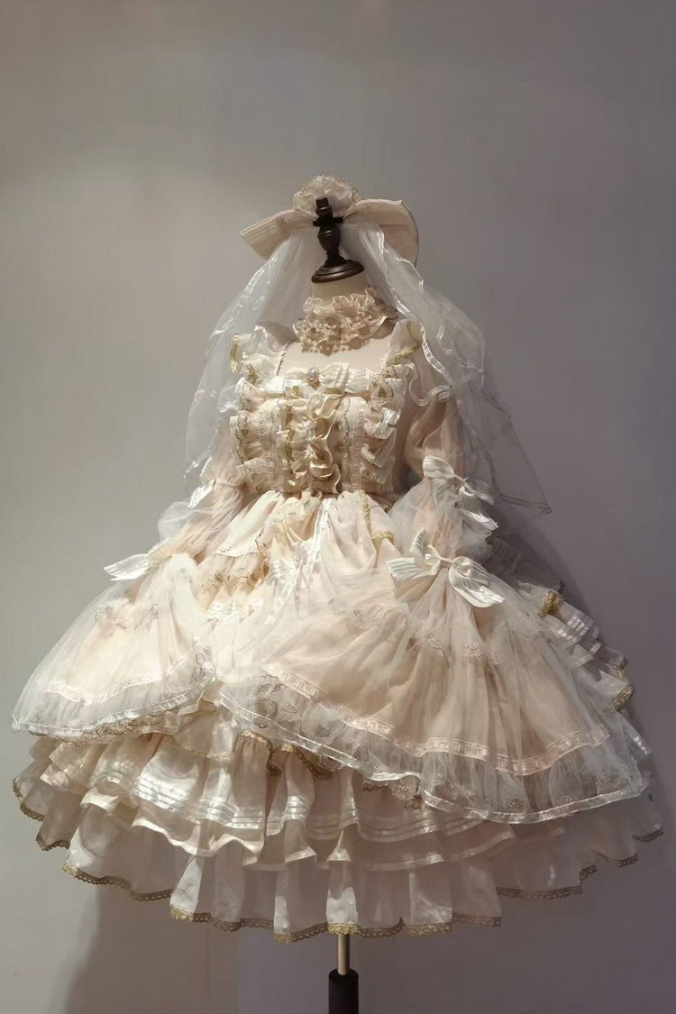 Apricot [Coronation] Long Trumpet Sleeves Multi-Layered Ruffle Bowknot Lace Sweet Gorgeous Lolita Dress Set - Apricot - 1