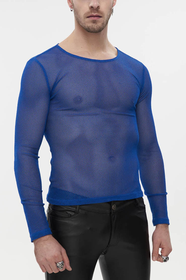Blue Gothic Elasticity High Neck Long Sleeve Mesh Men's Shirt - Blue - 1
