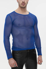 Blue Gothic Elasticity High Neck Long Sleeve Mesh Men's Shirt - Blue - 1