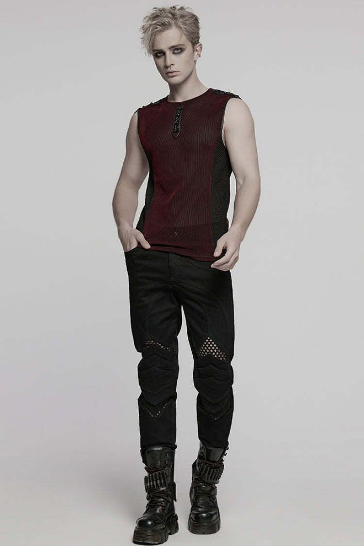 Black/Red Round Collar Sheer Mesh Color Matching Rivet Men's Punk Vest - Product - 4