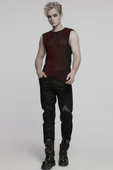 Black/Red Round Collar Sheer Mesh Color Matching Rivet Men's Punk Vest - Product - 4